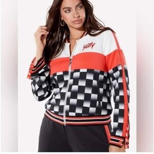 YITTY Women's Red, Black, and White Checkered Bomber Jacket